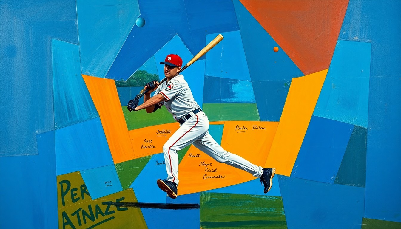 A fractured, multi-perspective painting depicting a baseball player's motion broken down into sharp, overlapping geometric shapes in vibrant colors, conceptually representing the complexities of contract negotiations in professional sports.