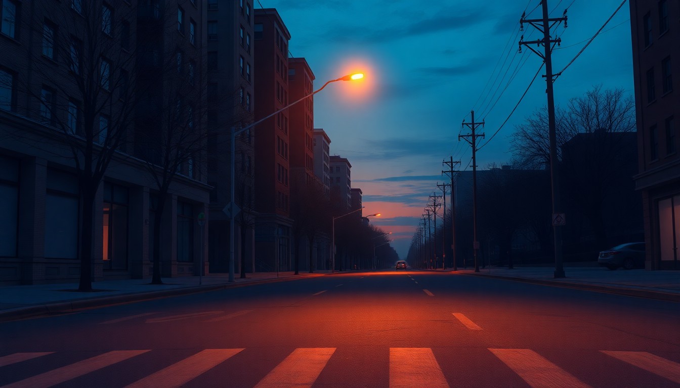 A dimly lit, cinematic street scene with a single streetlight casting warm, diagonal shadows across the pavement, conceptually representing the quiet, contemplative mood of a legal dispute over the separation of church and state.