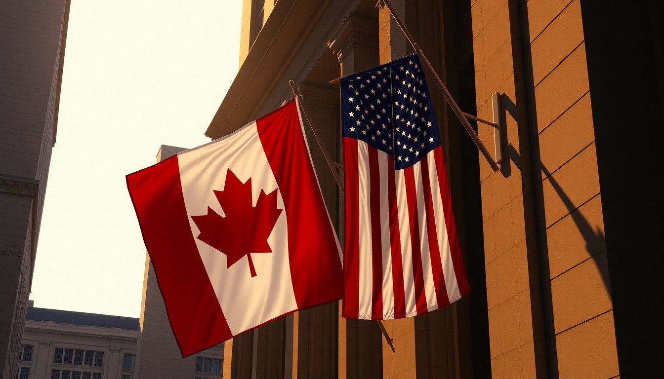 A serene, painterly scene of two national flags hanging side-by-side on a government building, the warm light and deep shadows creating a contemplative, nostalgic mood that reflects the enduring partnership between the two North American neighbors.