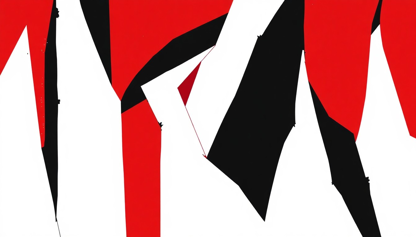 A bold, abstract composition of geometric shapes in red, white, and black, representing the diverse artistic mediums and movements that have defined the American creative experience.