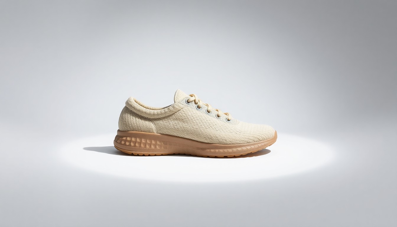 A photorealistic studio still-life photograph of a single, polished sneaker made of natural materials resting on a clean, monochromatic background. The sneaker is lit dramatically with sharp shadows, representing the premium status of the Allbirds brand now reduced to a mere asset sale.