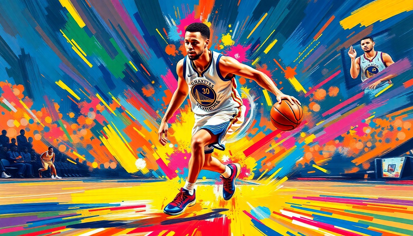 An abstract, energetic painting featuring bold, neon-colored brushstrokes that capture the dynamic motion and raw athleticism of a basketball player, conceptually representing Stephen Curry's impact on the Warriors' performance.