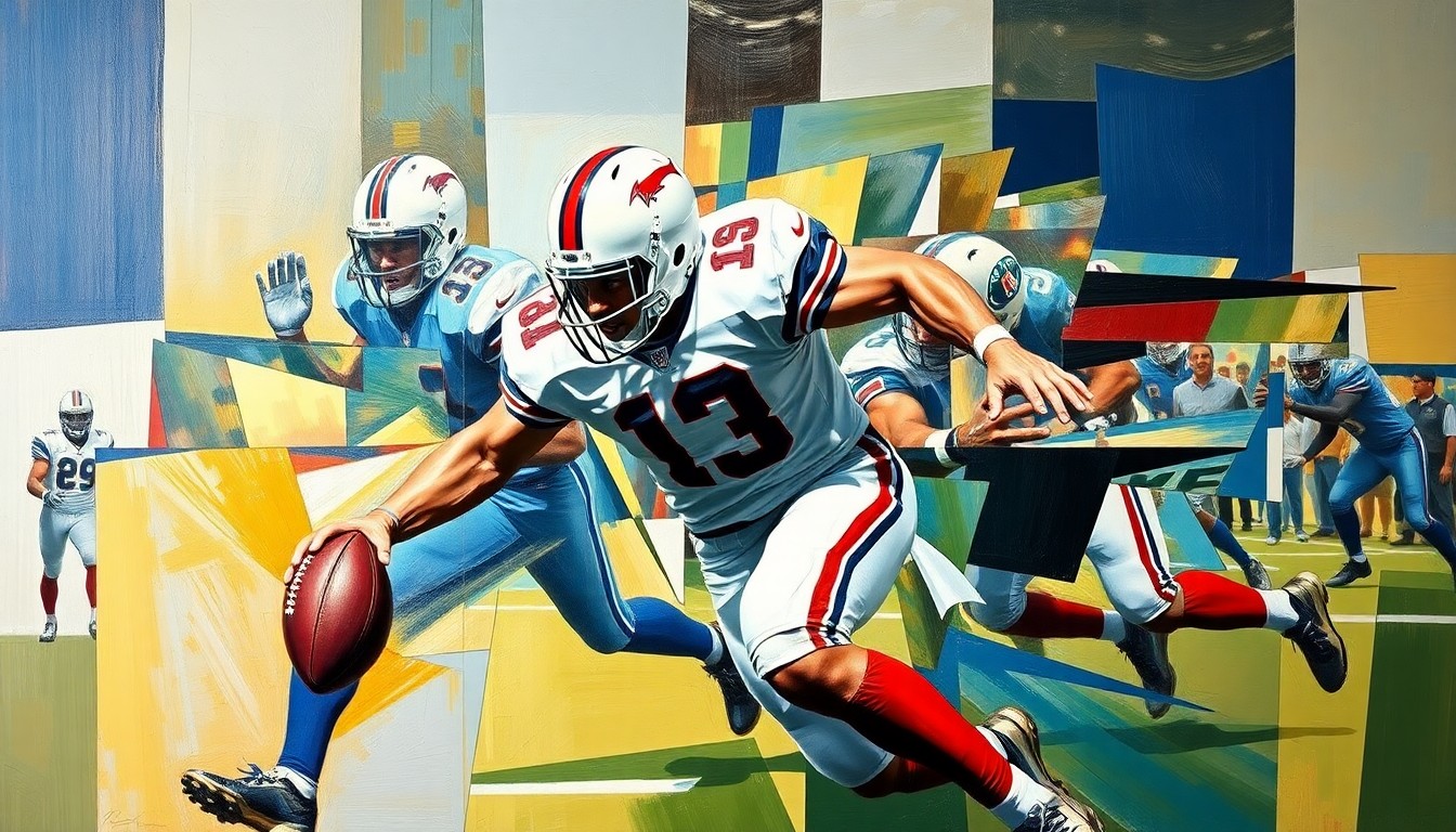 A cubist, geometric painting depicting the explosive motion of a football player rushing the passer, with sharp planes of color and form capturing the raw energy of the game.