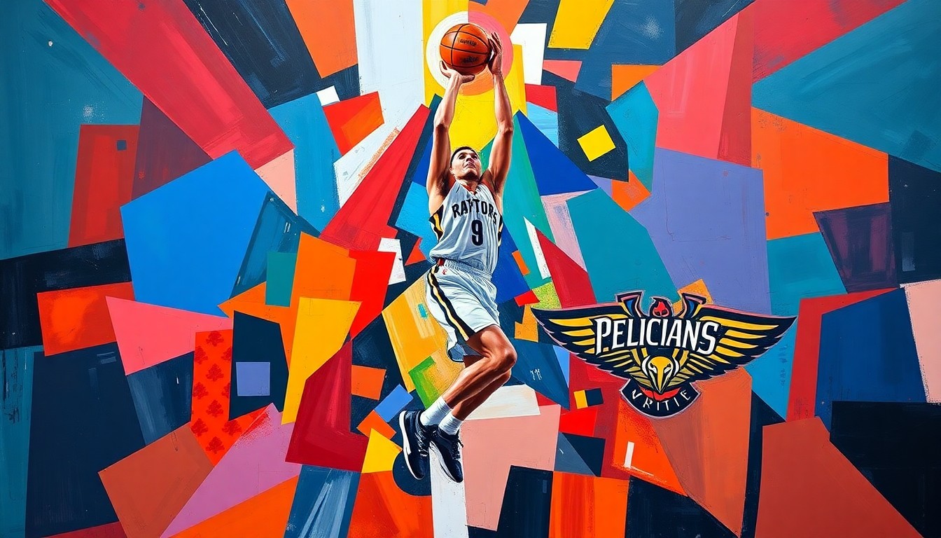 A fragmented, geometric painting depicting a basketball player's jump shot in mid-air, with sharp planes of color representing the Raptors and Pelicans uniforms, conceptually illustrating an off-target attempt.
