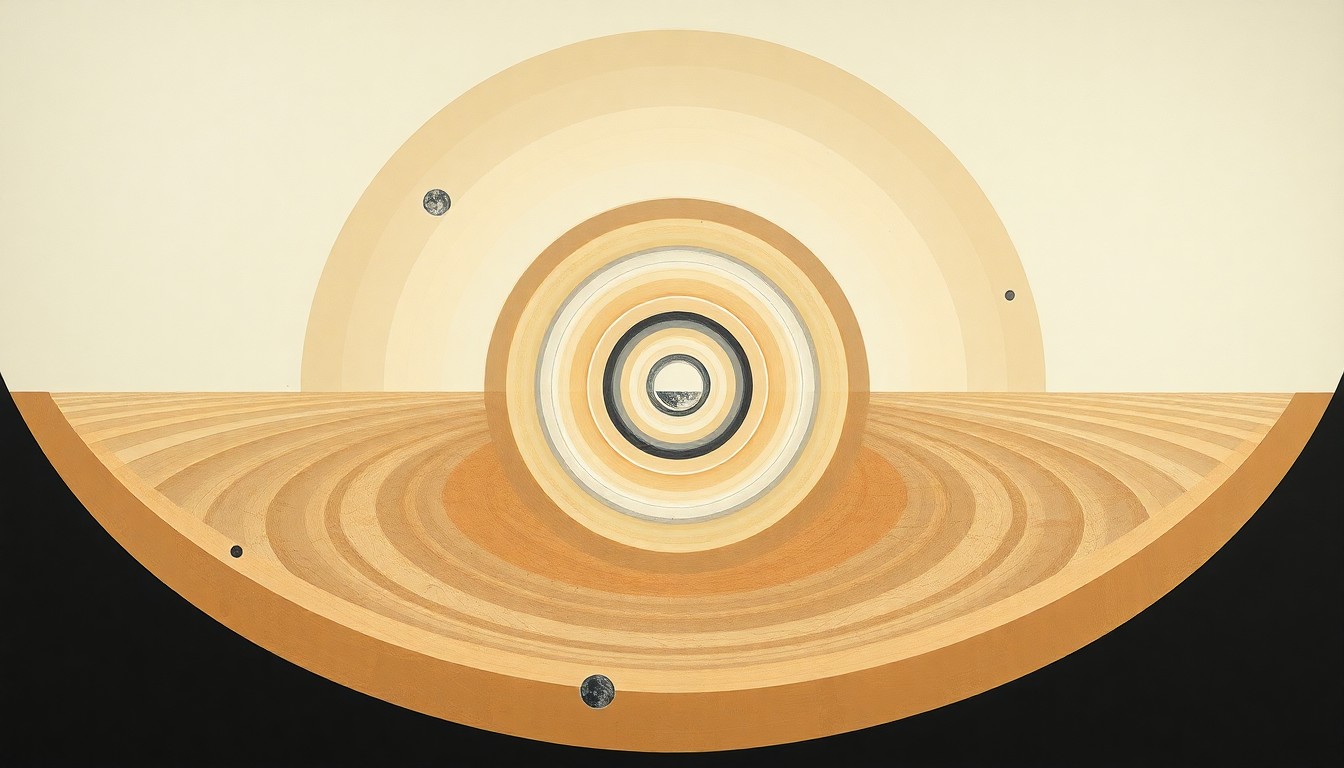 A bold, abstract painting in soft earth tones depicting the intricate geometric patterns and sweeping curves of the Artemis mission's trajectory to the moon, conveying the structural order and scientific complexity of this historic spaceflight.