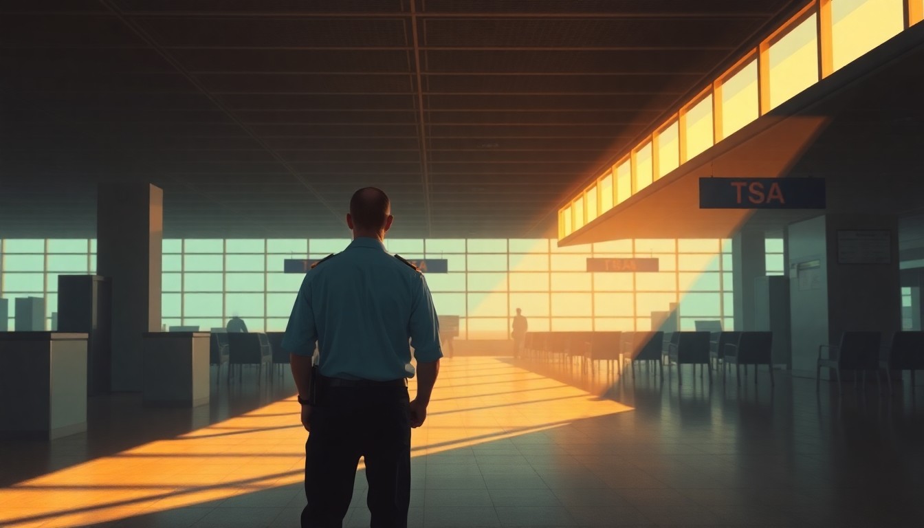 A solitary TSA officer stands alone in an empty airport terminal, the space bathed in warm, diagonal sunlight and deep shadows, conveying a sense of melancholy and isolation.