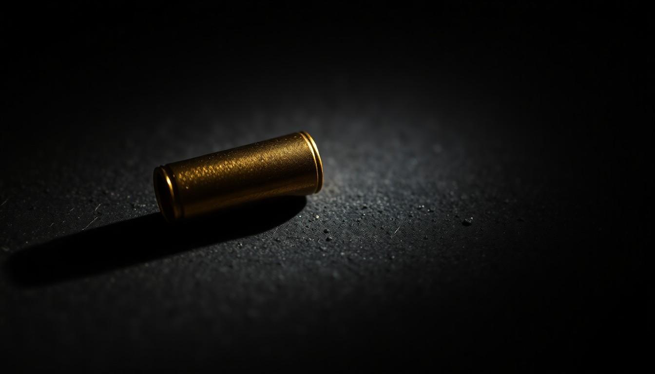 An extreme close-up photograph of a single spent bullet casing on a dark, textured surface, lit by a harsh, direct camera flash, conceptually representing the aftermath of a shooting incident.