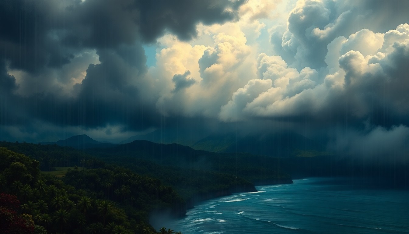 A dramatic landscape painting depicting heavy rain and stormy skies over a lush, tropical Maui setting, conveying the power of nature and the need for resilience in the face of natural disasters.