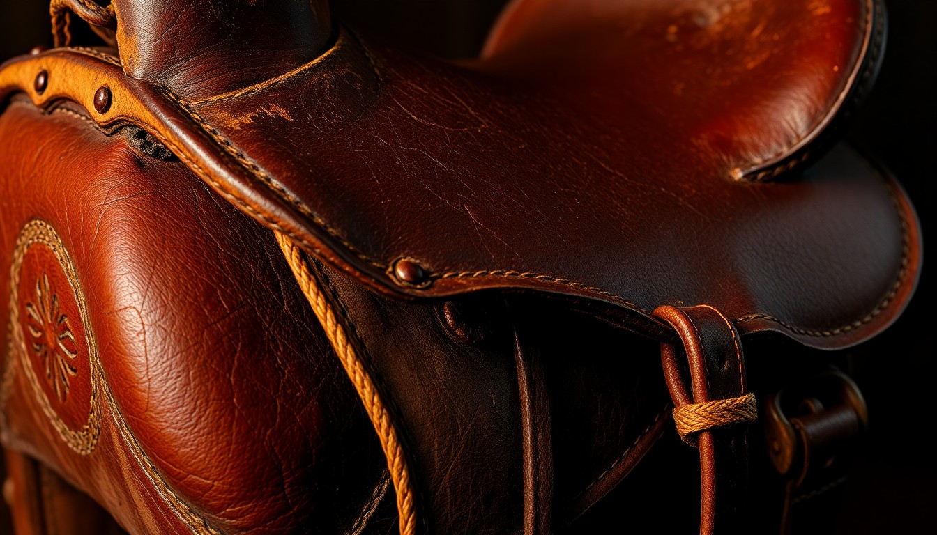 An extreme close-up photograph of a weathered leather saddle, capturing the rugged, high-contrast textures and earthy tones of the American West in a dramatic, high-fashion style.