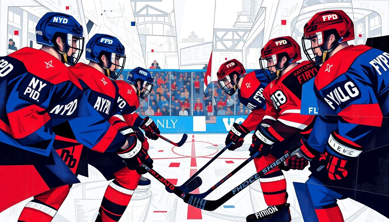 A cubist, geometric painting depicting a hockey game between the NYPD and FDNY teams, with sharp, overlapping planes of navy blue, red, and white representing the team uniforms and the physical action on the ice.