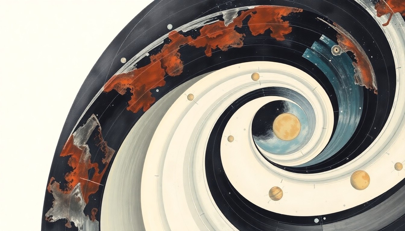 A highly structured abstract painting in soft, flat colors depicting sweeping geometric arcs, concentric planetary circles, and precise botanical spirals, conveying the complex engineering and scientific concepts behind NASA's plans for a permanent lunar base and nuclear-powered spacecraft to Mars.