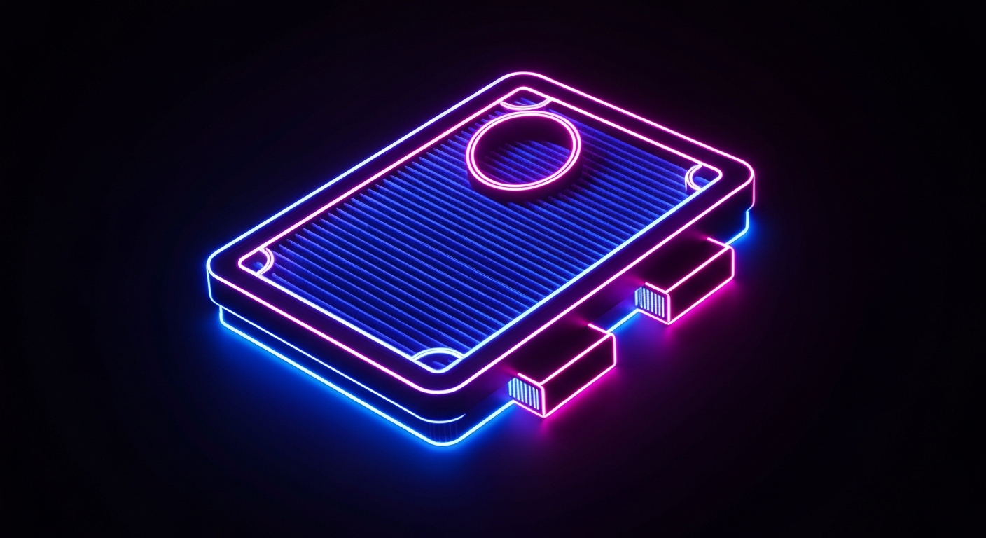 A minimalist, neon-outlined illustration of an air filter or ventilation system, conceptually representing the importance of clean air quality.