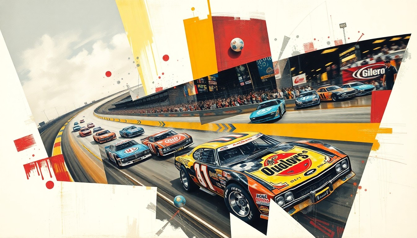 A fractured, geometric painting depicting the dynamic action and competition of a World of Outlaws Late Model race, with sharp planes of color and motion representing the cars and drivers.