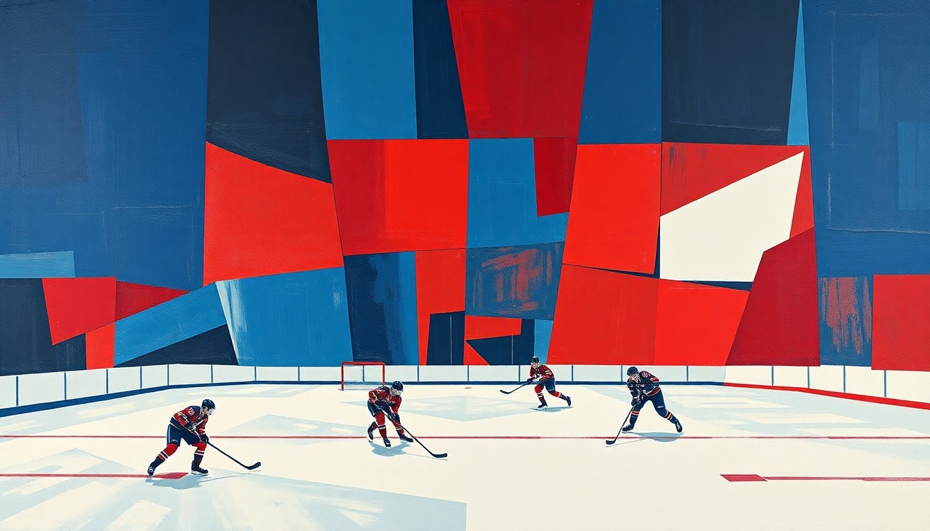 A cubist, geometric painting depicting a hockey game broken down into overlapping planes of blue, red, and white, conveying the intensity and desperation of the late-season playoff push.
