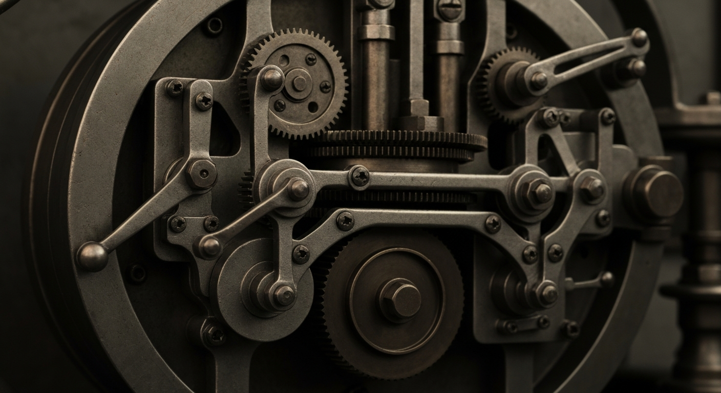 An extreme close-up of complex, interlocking gears and levers in a banking vault, conveying the heavy, industrial nature of financial institutions and investments.