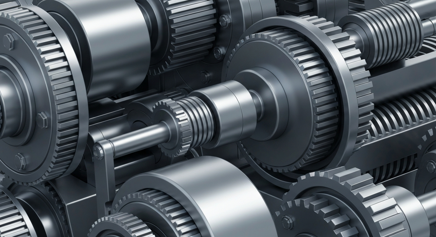 A highly detailed, cinematic close-up image of the polished metal gears and machinery that power an industrial corporation, conveying a sense of the secure, powerful financial infrastructure behind the company.