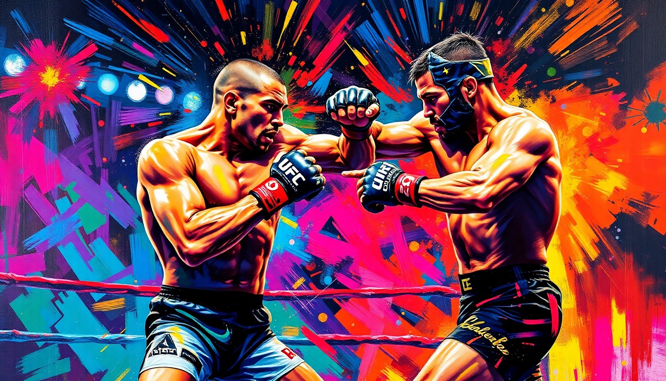 An abstract, expressionist painting featuring bold, neon-colored brushstrokes that convey the raw power and intensity of a UFC middleweight fight.