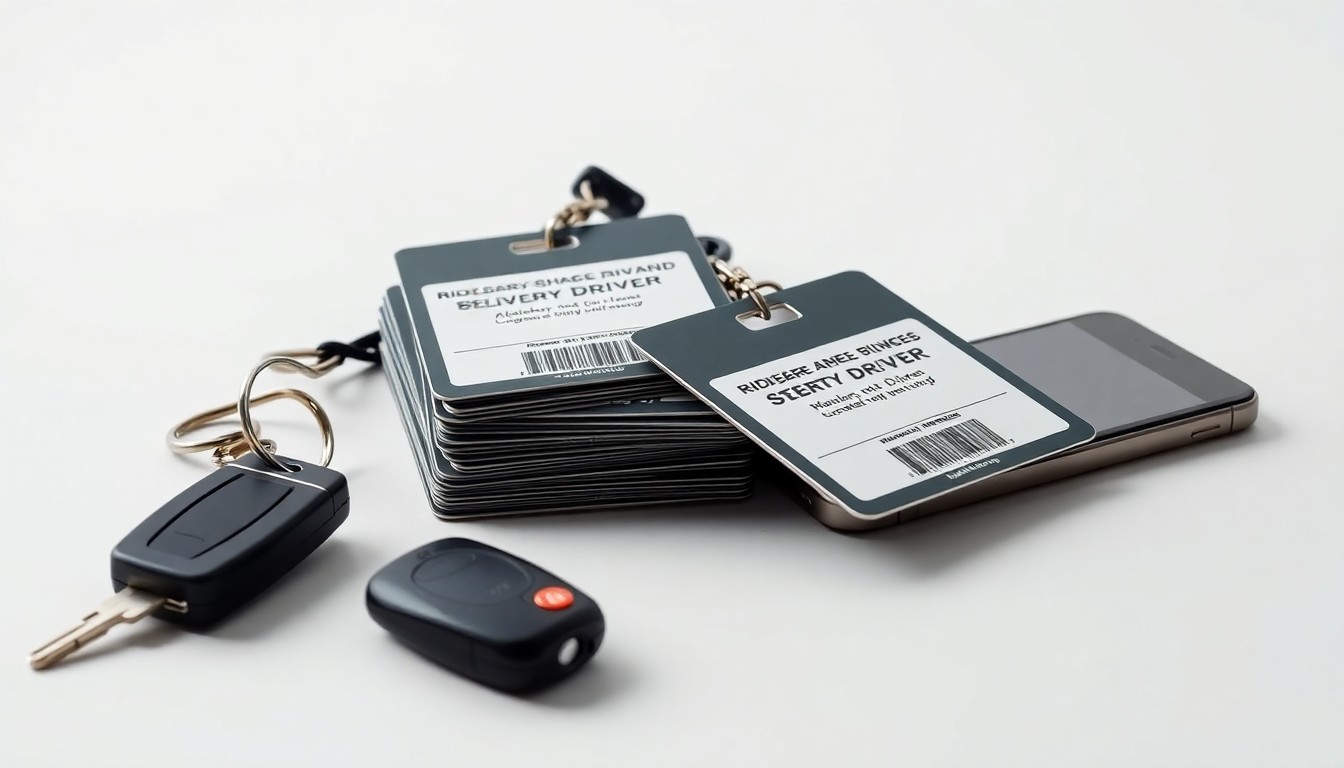 A photorealistic studio still-life image featuring a stack of rideshare and delivery driver ID badges, car keys, and a smartphone on a clean, monochromatic background, conceptually representing the evolving worker rights in the gig economy.