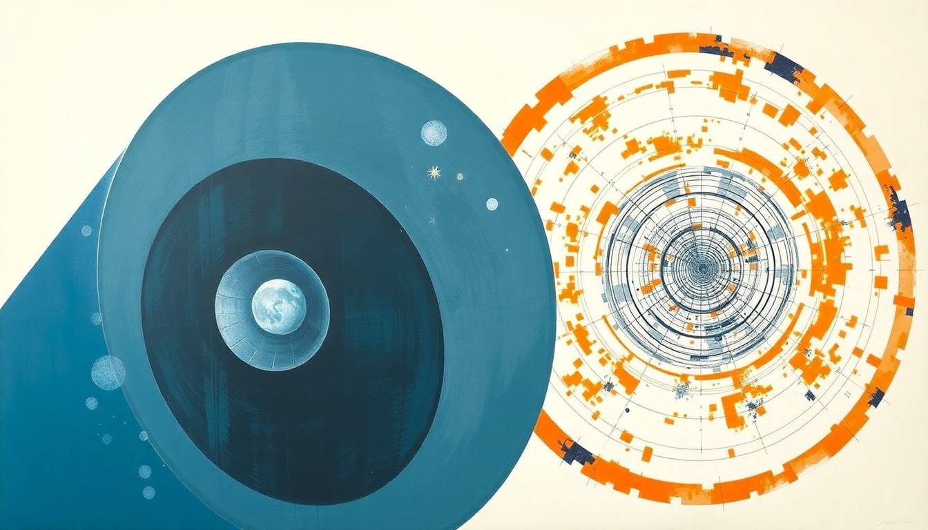 A bold, abstract painting in shades of blue, orange, and silver, featuring sweeping geometric arcs, concentric circles, and precise spirals, conceptually representing the powerful rocket engines and spacecraft of the Artemis II mission to the moon.