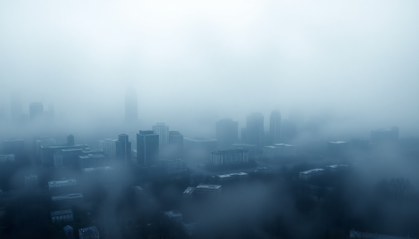 A vast, atmospheric landscape painting depicting the Philadelphia skyline shrouded in heavy fog, with the city's landmarks barely visible and dwarfed by the overwhelming scale of the natural environment.
