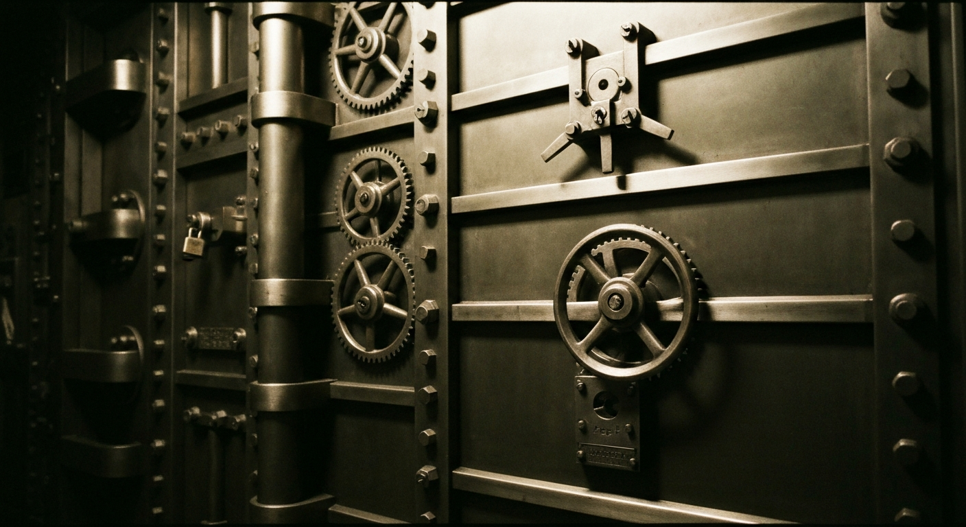 An extreme close-up of a heavy, industrial bank vault door with intricate mechanical gears and locks, dramatically lit to convey a sense of security and financial power.
