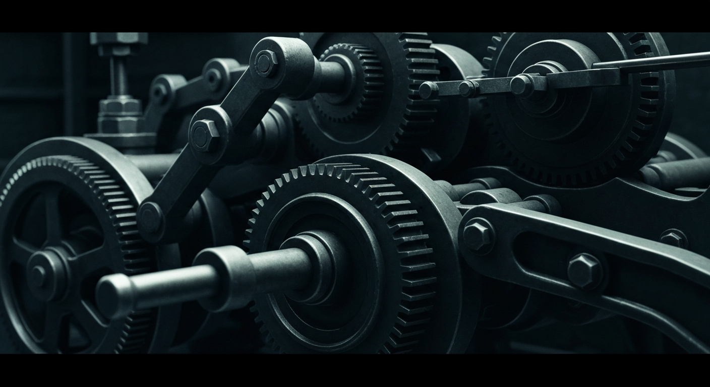 A highly detailed, black-and-white close-up image of the gears, levers, and mechanisms of a commercial real estate investment trust, conceptually representing the intricate financial infrastructure underlying the commercial property sector.