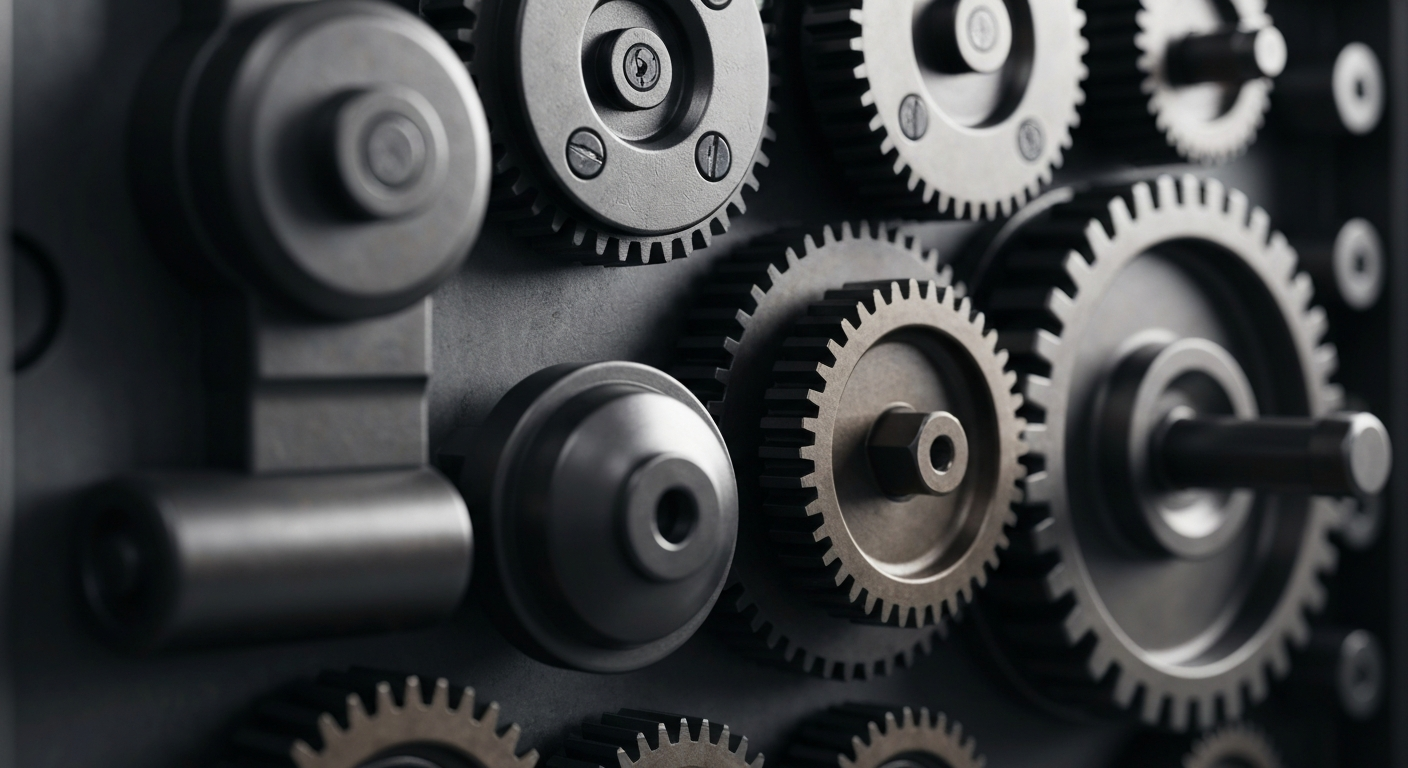 An extreme close-up photograph of the complex inner workings of a bank vault, including gears, locks, and other heavy industrial machinery in shades of steel gray, bronze, and black, conceptually representing the secure and reliable nature of the banking industry.