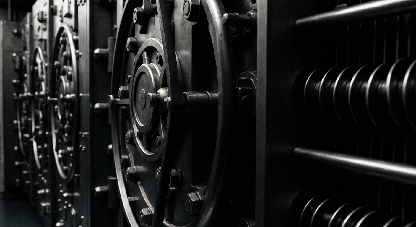 A highly detailed, black-and-white close-up image of heavy, industrial banking equipment and machinery, conveying a sense of institutional strength and financial security through its powerful, physical presence.