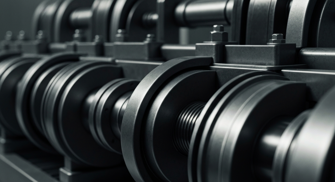 An extreme close-up of the gears, levers, and metal components of an industrial banking machine, conveying a sense of financial security and institutional power without using any literal currency or stock market imagery.