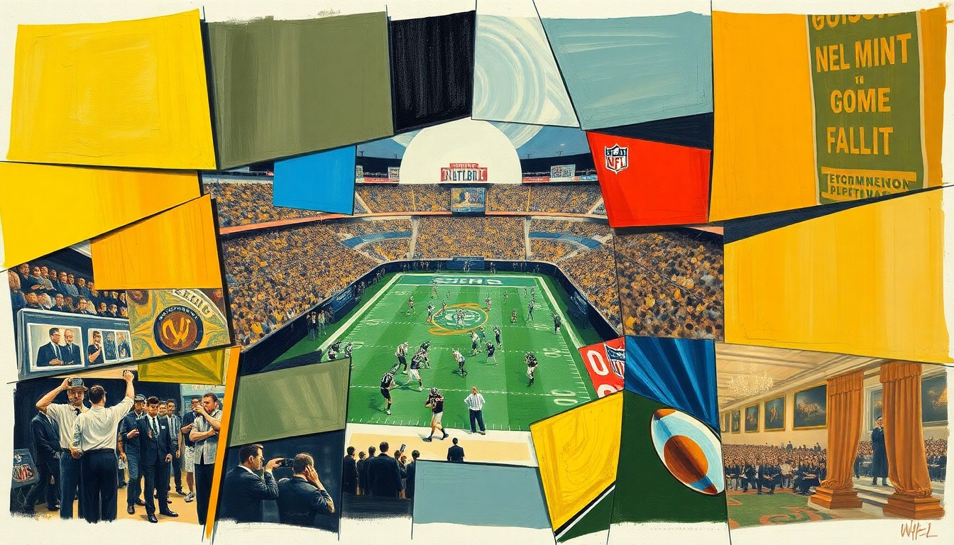 A cubist, geometric painting depicting fragmented and overlapping shapes representing a football game or NFL draft scene, conveying the complex decision-making process of the Steelers' front office.