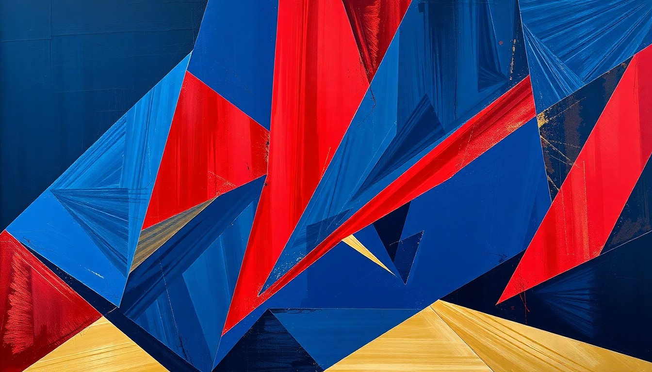 A fractured, multi-perspective painting in bold colors, breaking down a women's basketball game into sharp, overlapping geometric planes to conceptually represent the sport's growing popularity.