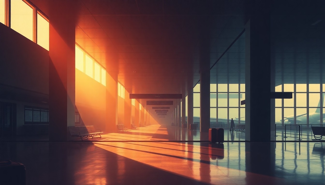 A serene, cinematic painting of an empty airport terminal filled with warm light and deep shadows, conveying a sense of quiet contemplation about the political implications of the name change.
