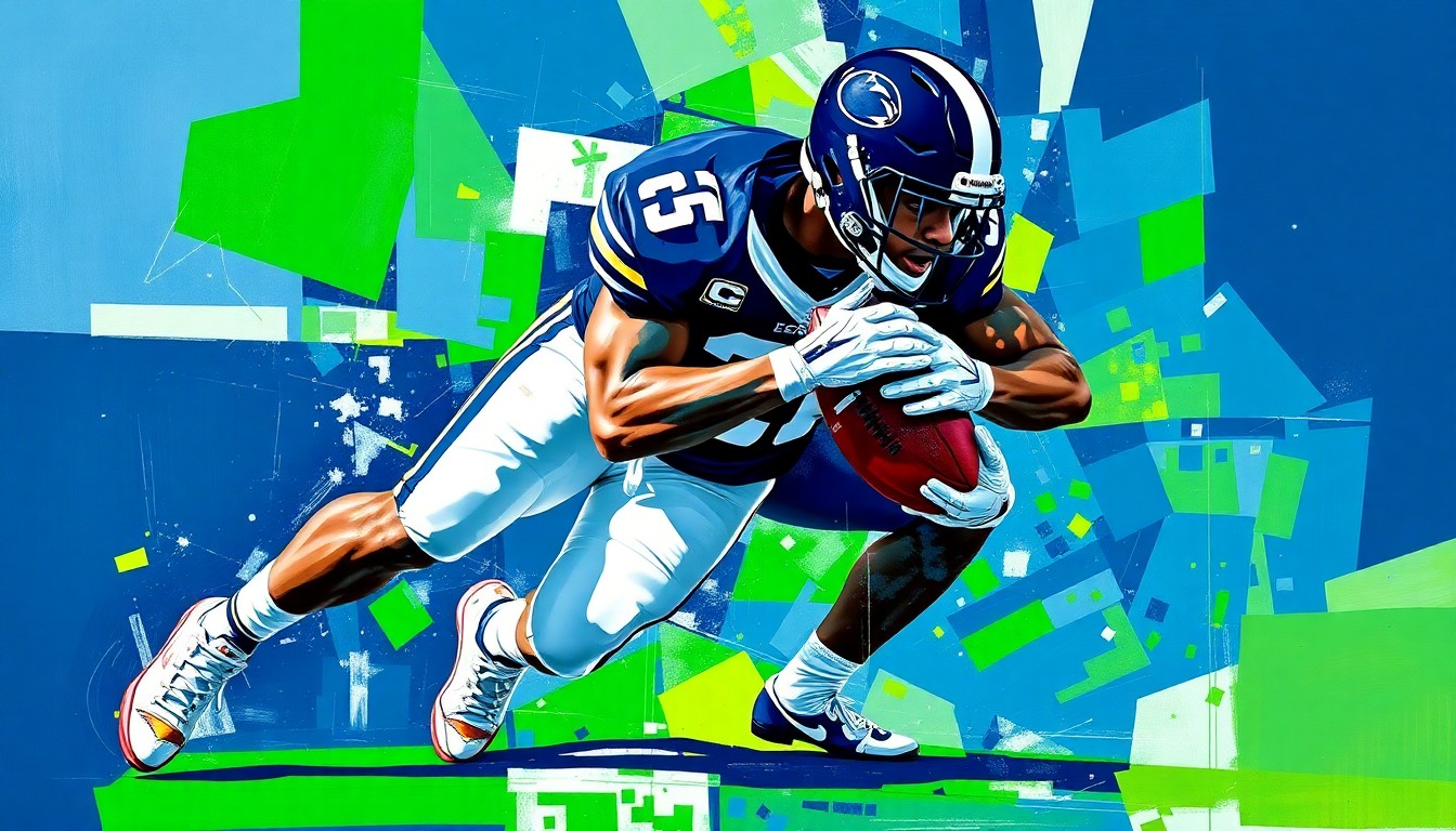 A fractured, cubist-style painting depicting the dynamic motion of a Penn State football player making a tackle, with sharp geometric shapes in navy, white, and green conveying the energy and intensity of the sport.