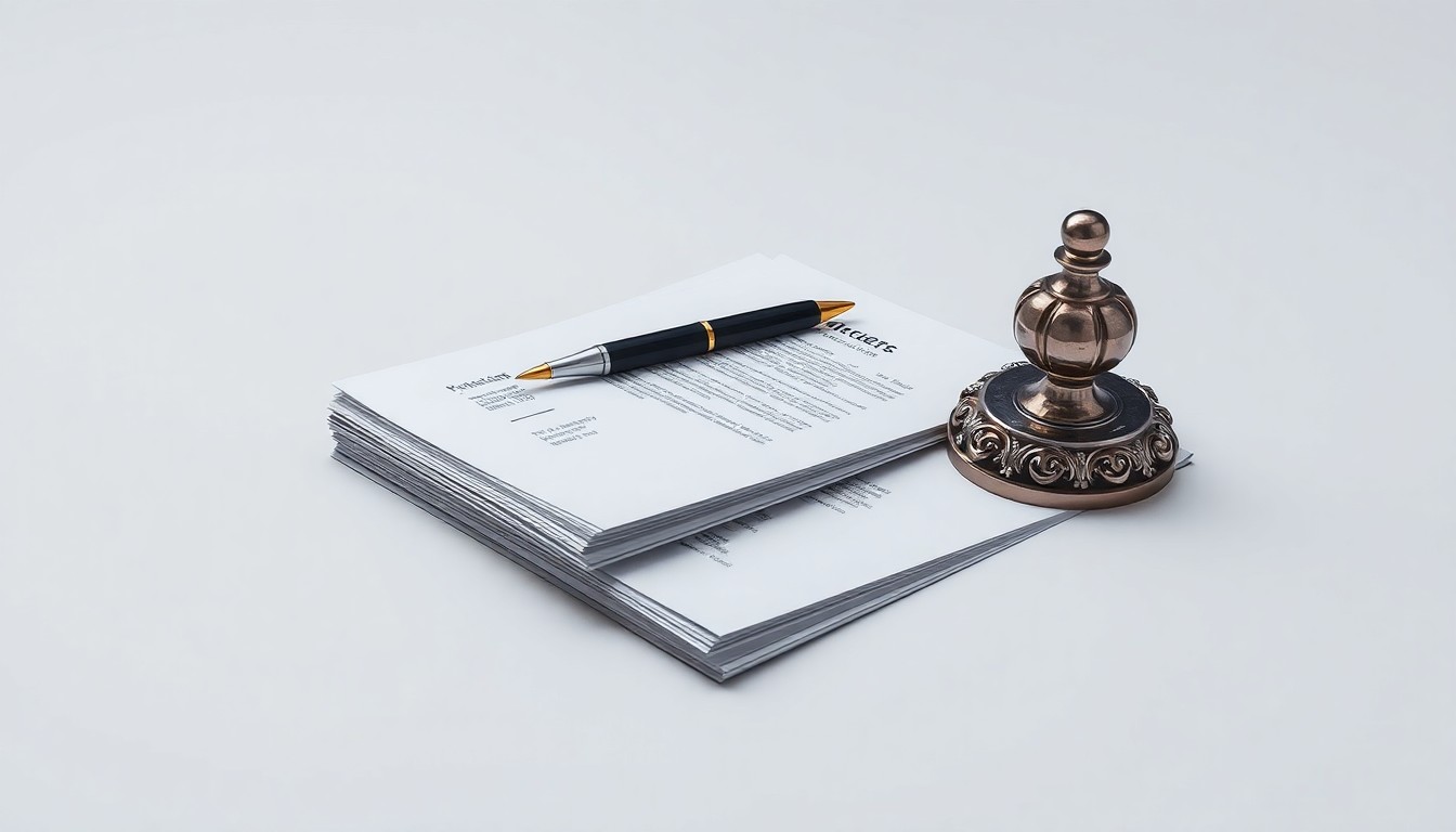 A minimalist studio still life photograph featuring a stack of financial documents, a pen, and a polished metal paperweight, conceptually representing the precision and professionalism of the wealth management industry.