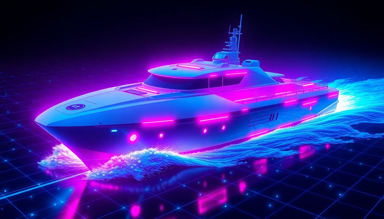 A highly detailed, glowing 3D illustration of an autonomous naval vessel, with neon cyan and magenta lights illuminating the ship's sleek, futuristic design, conceptually representing the integration of advanced robotics and AI into maritime technology.