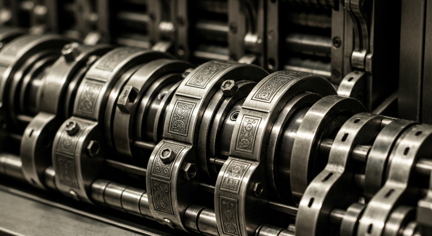 An extreme close-up of intricate, polished metal banking machinery and gears, conceptually representing the secure, institutional infrastructure of the financial industry.