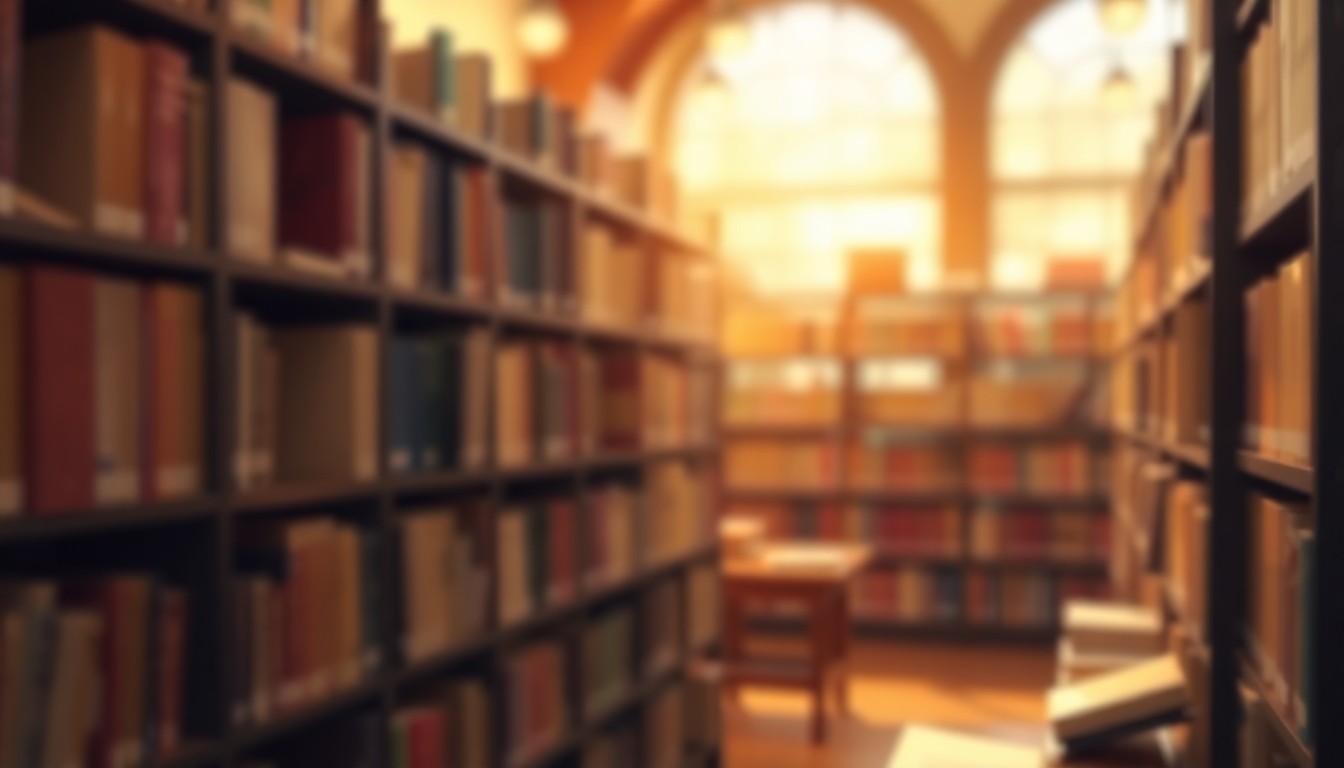 A hazy, dreamlike image of bookshelves and reading materials in a library, with soft, warm lighting and blurred edges, conveying a sense of community and contemplation.