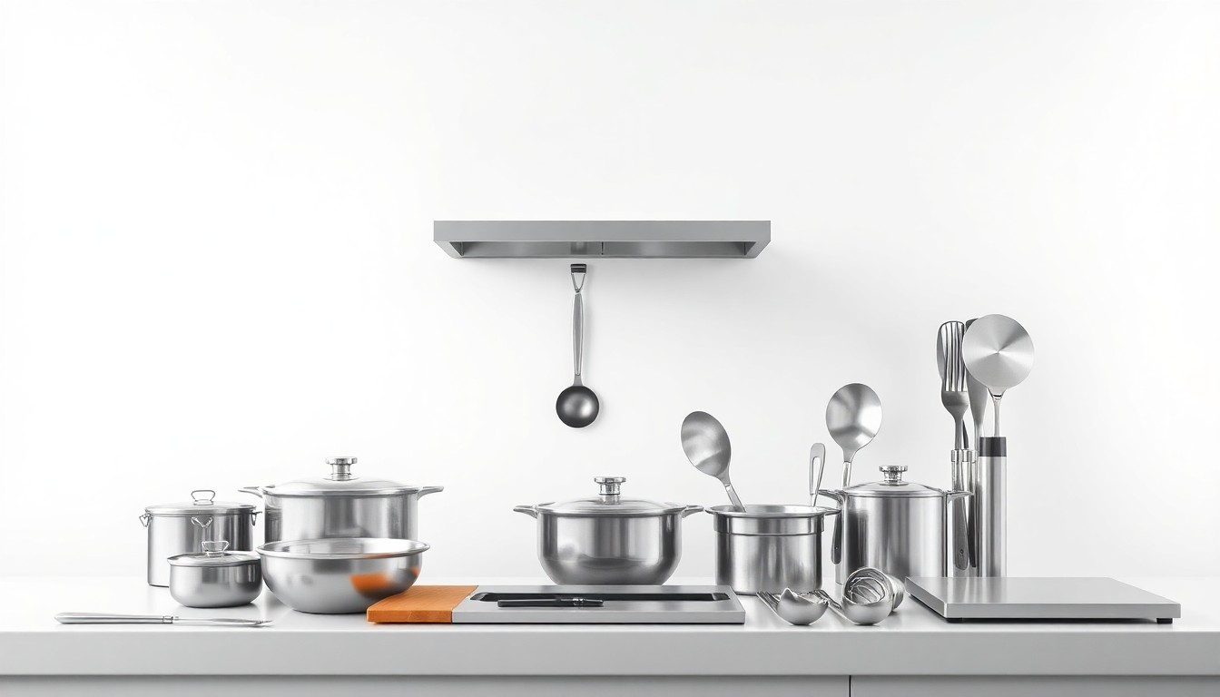 A high-end, photorealistic studio still-life photograph featuring a selection of premium, polished kitchen equipment and tools arranged elegantly on a clean, monochromatic background, conceptually representing the integrated services Chef's Deal offers to help foodservice operators plan, design, and equip their commercial kitchens.
