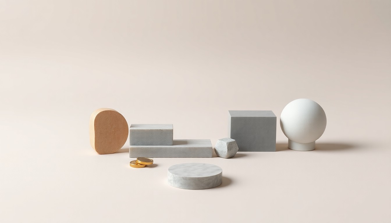 A high-end, photorealistic studio still-life photograph featuring simple, premium tangible objects arranged elegantly on a clean, monochromatic background, conceptually representing the abstract corporate strategy and finance challenges facing Seritage Growth Properties.