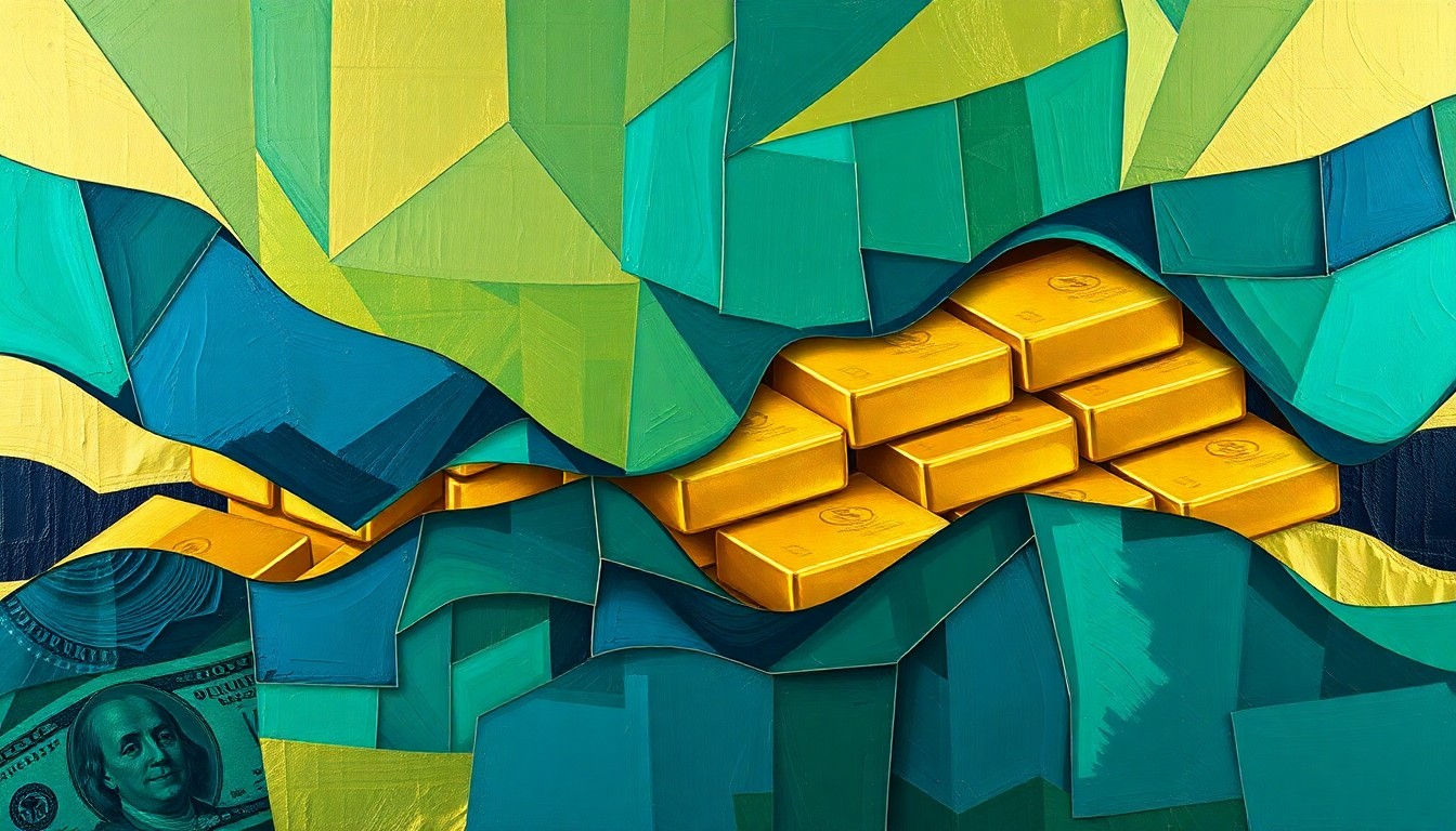 A dynamic, abstract painting featuring overlapping geometric shapes and waves of deep blue, emerald green, and metallic gold, conceptually representing the complex debate over wealth inequality and taxing the ultra-rich.