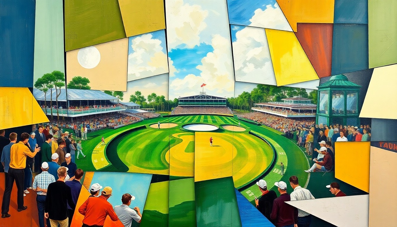 A fragmented, geometric painting depicting the dynamic movements and competitive energy of a professional golf tournament, with sharp planes of color and form representing the sport's intensity.