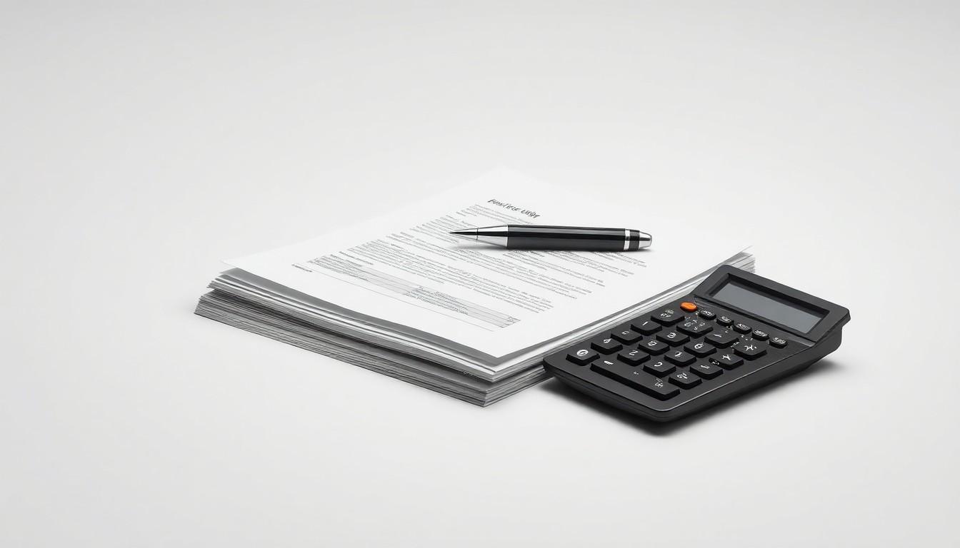 A photorealistic studio still life featuring a stack of financial documents, a pen, and a calculator on a clean, monochromatic background, symbolizing the abstract corporate strategy and finance behind the acquisition.