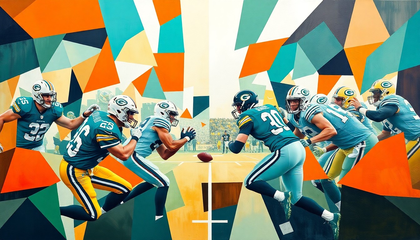A fractured, geometric painting depicting the abstract forms of football players in teal, orange, and green, representing the complex dynamics between a coach and a star player as they face off as division rivals.