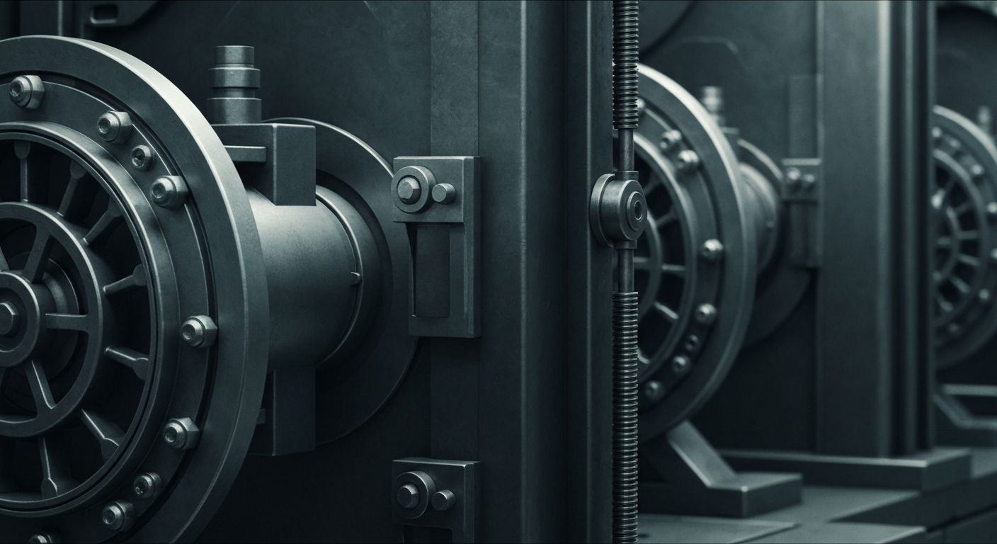 An extreme close-up of industrial banking equipment and machinery, conveying the tangible, institutional nature of the financial sector.