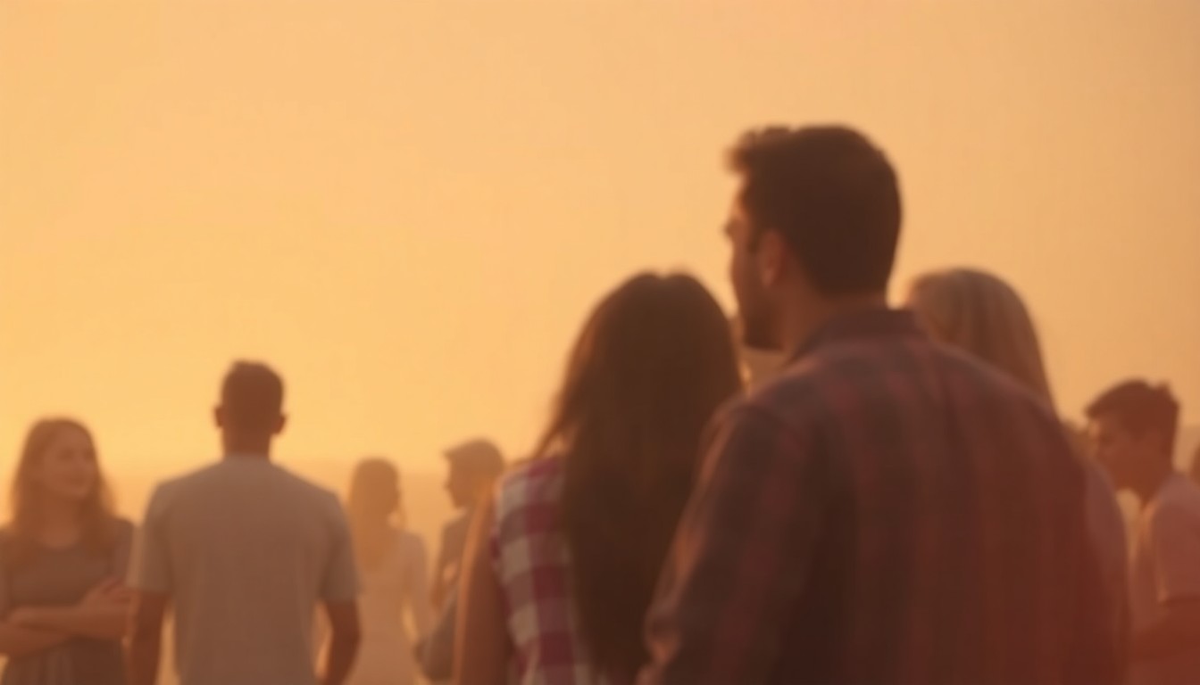 An abstract, out-of-focus photograph in warm, hazy tones depicting a group of people gathered together, their faces indistinct but their body language and interactions conveying a sense of joyful reunion.