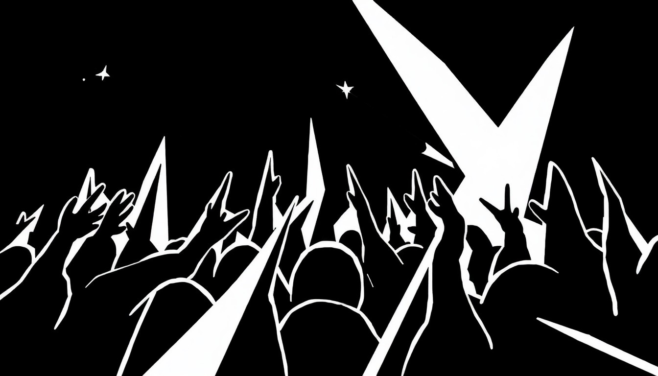 An abstract, minimalist illustration featuring bold, jagged black shapes against a stark white background, conveying the vibrant energy of Denton's live music scene.