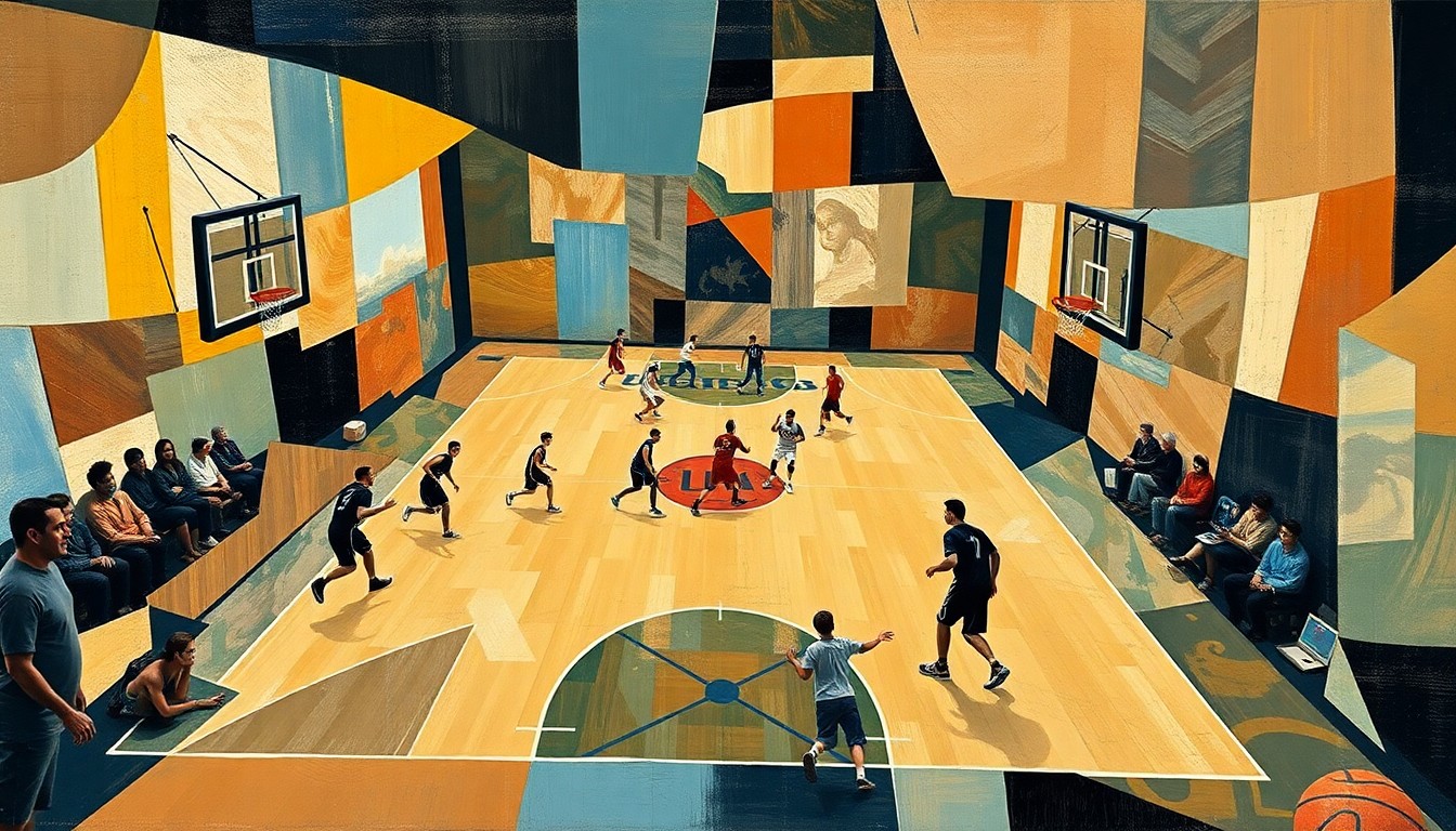 A fragmented, geometric painting depicting the dynamic movements and energy of a high school basketball game, with players and court lines broken down into sharp, overlapping planes of color.