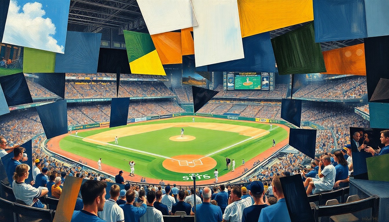 A cubist, geometric painting depicting a fragmented baseball game or match, with sharp, overlapping shapes and planes representing the Angels' disjointed path forward.
