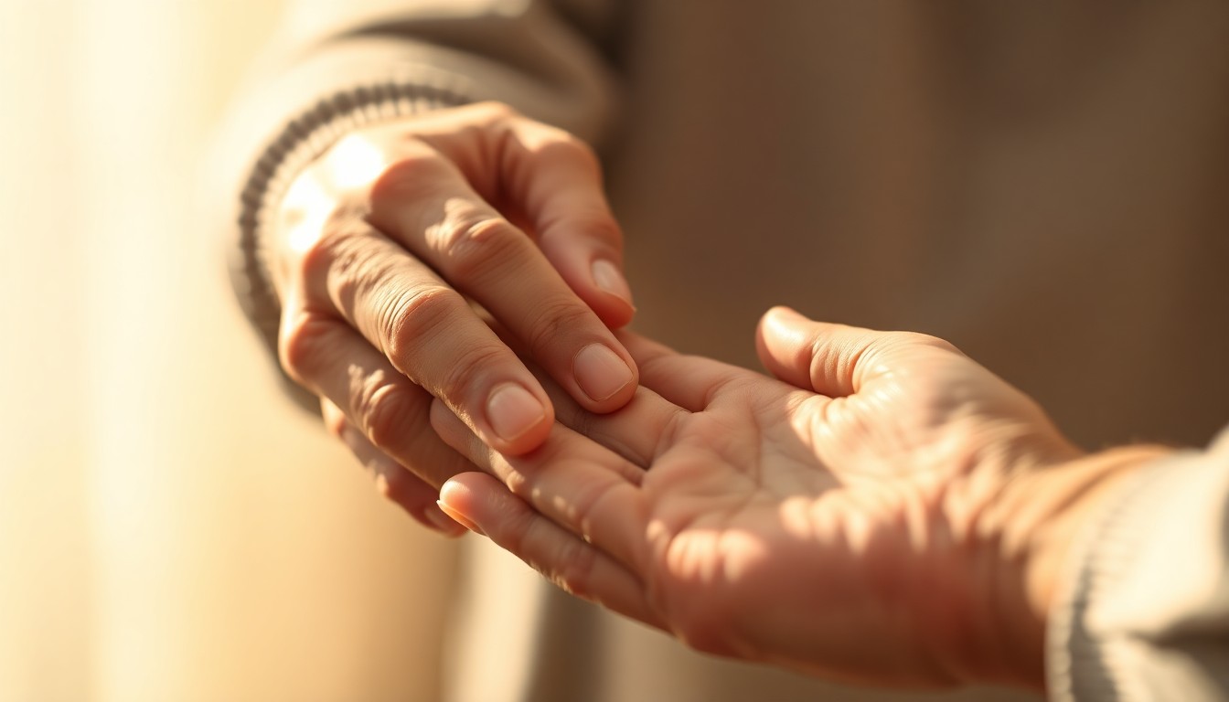 An extremely abstracted, out-of-focus photograph of an elderly person's hand being gently held by a caregiver's hand, with the scene bathed in warm, diffused light, conveying a sense of comfort and human connection.