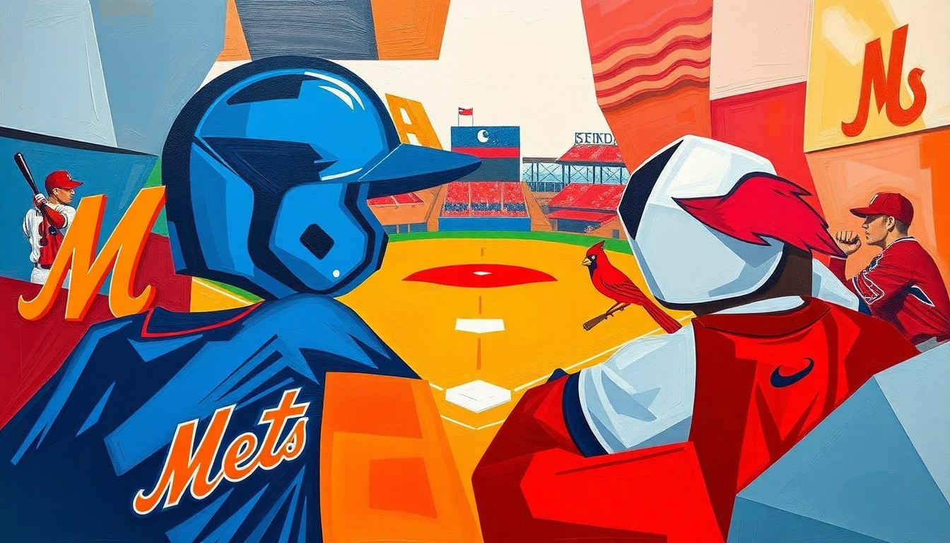 A fractured, cubist-style painting depicting a baseball game or match, with the players and field broken down into sharp, overlapping geometric shapes in vibrant colors representing the uniforms of the Mets and Cardinals.